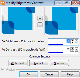 Modify brightness and contrast dialog. Here you can modify the brightness and contrast numbers from 0 to 100. 50 is the default for both. Below the brightness and contrast controls are shortcut buttons that will automatically set the brightness and contrast for watermarks and shadows. The third button, labeled normal, resets the brightness and contrast to the default. 